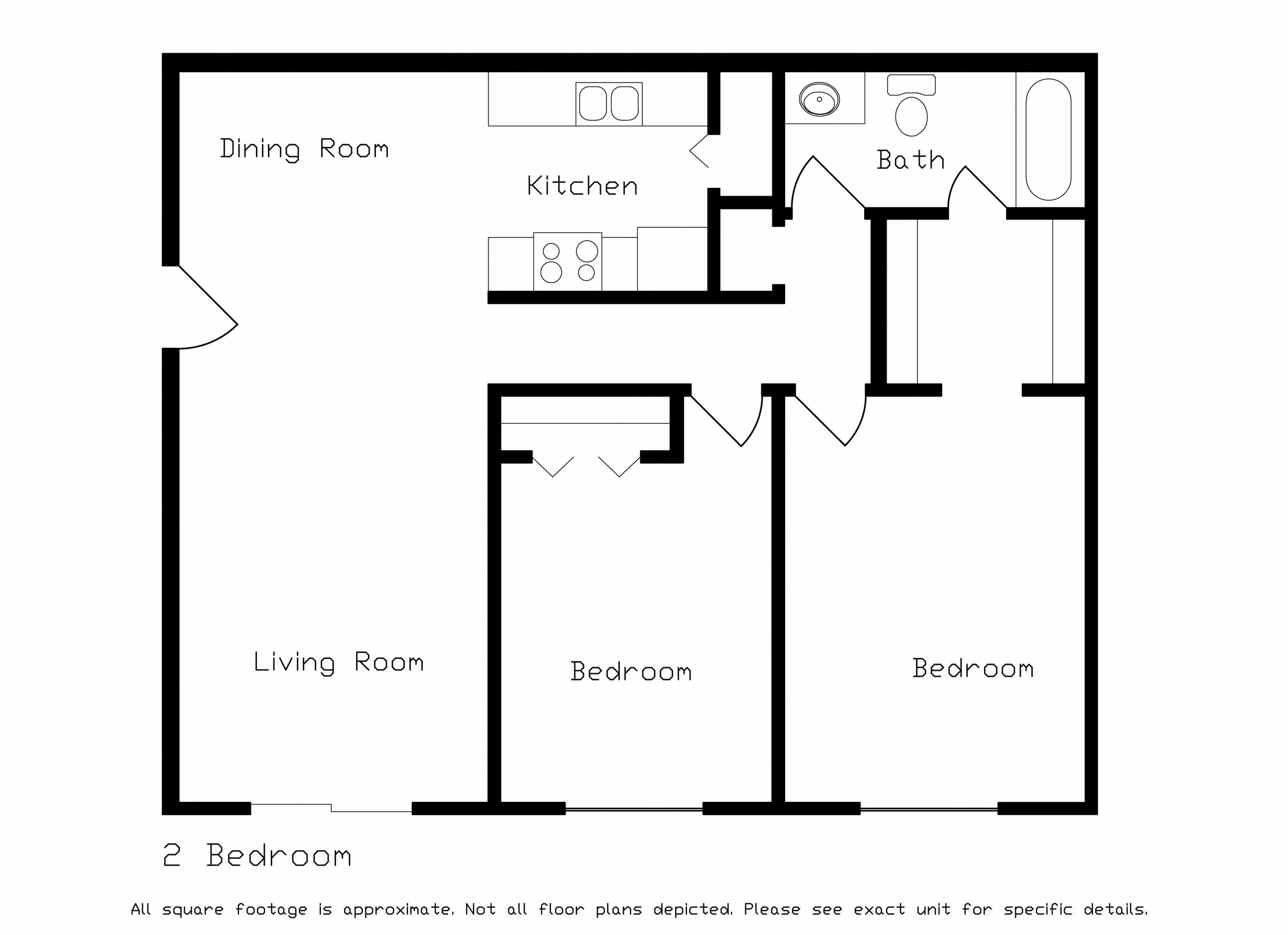 Floor plan for 2 beds, 1 bath, 980 sqft